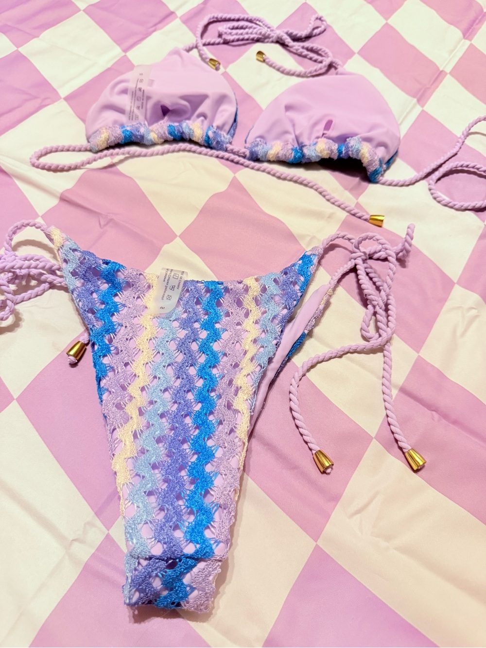 Lavender Multicolor Zigzag Crochet Bikini Set Size Small - Picture 8 of 9